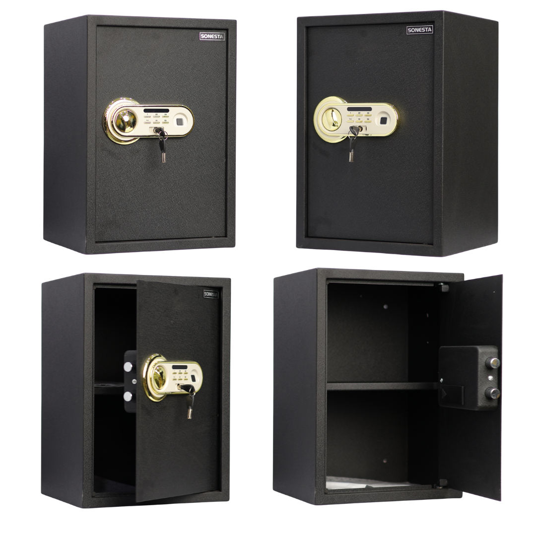 خزنة سونستا 50 VIP بصمة وباسورد قطيفة لوحة أبيض ذهبي ورف - الهندسية